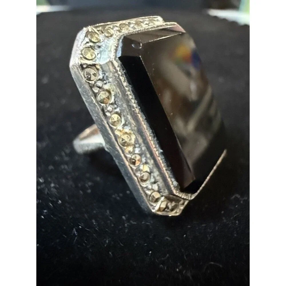 Vintage Large Oversized Emerald Cut Onyx Marcasite Statement Ring 925 Size 6
